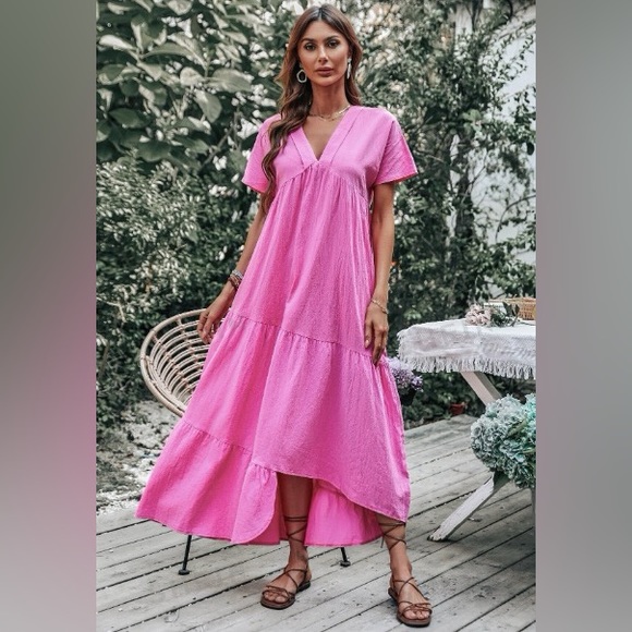 NWOT V Neck Asymmetrical Maxi Tiered Short Sleeve Lightweight Dress Pink - Picture 3 of 4